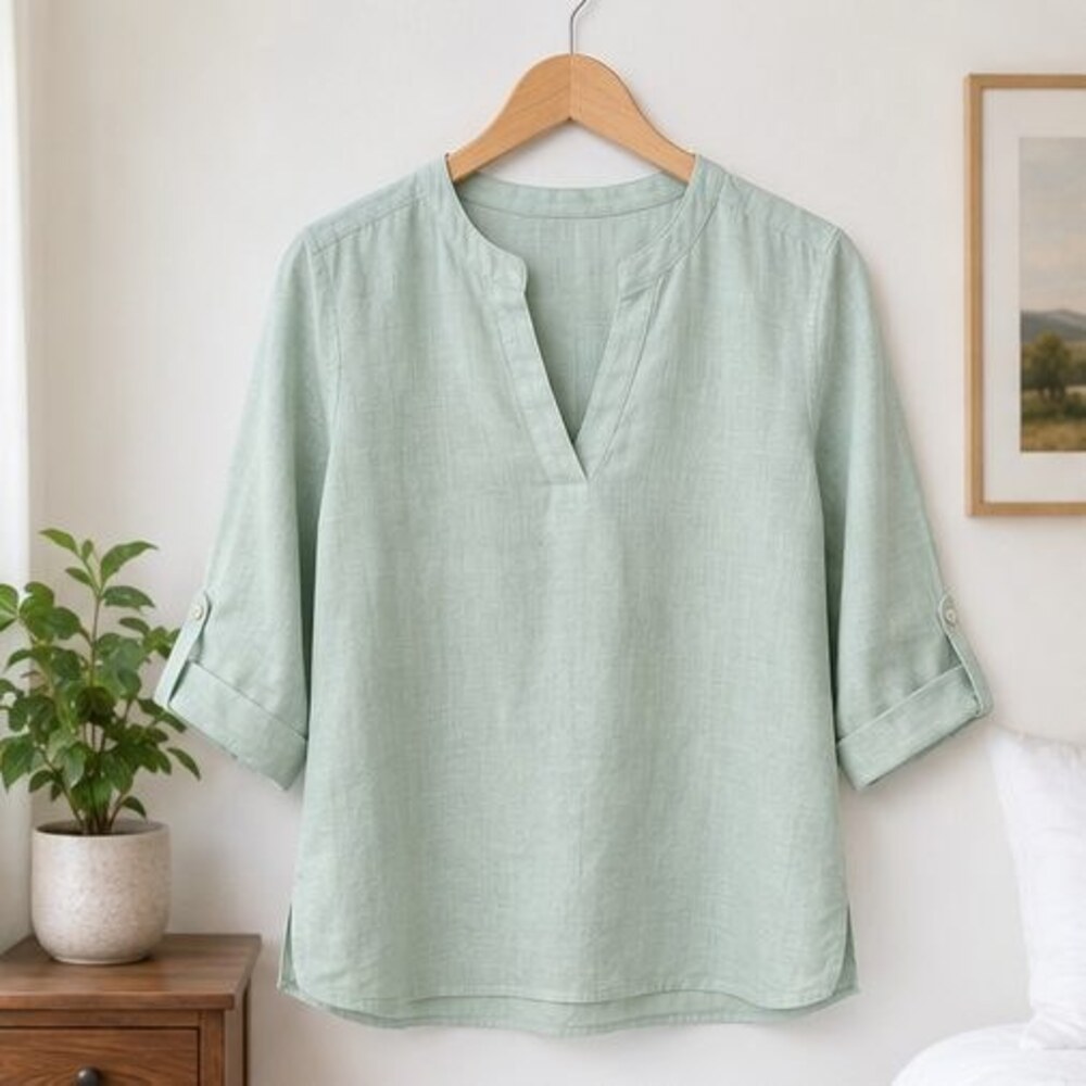 Mint Linen Notch Neck Blouse